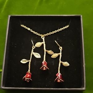 Gold-Tone Red Rose Drop Necklace & Earrings Set 19" Chain
